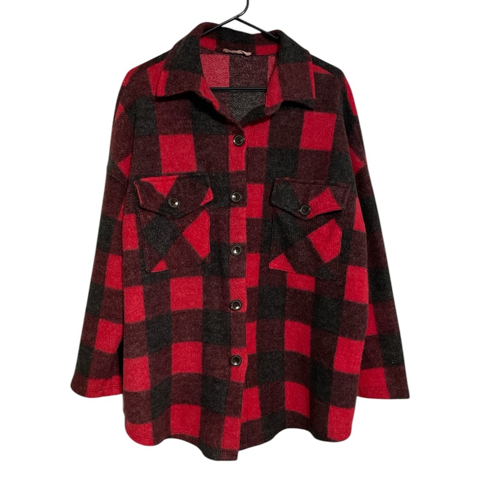 Ces Femme Red & Black oversized Buffalo Plaid Button-Front Shacket